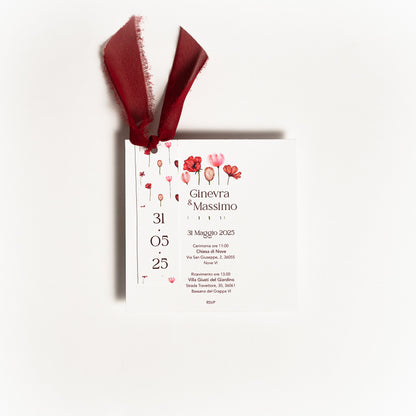 Partecipazione Quadrata Fiori Bordeaux e Rosa