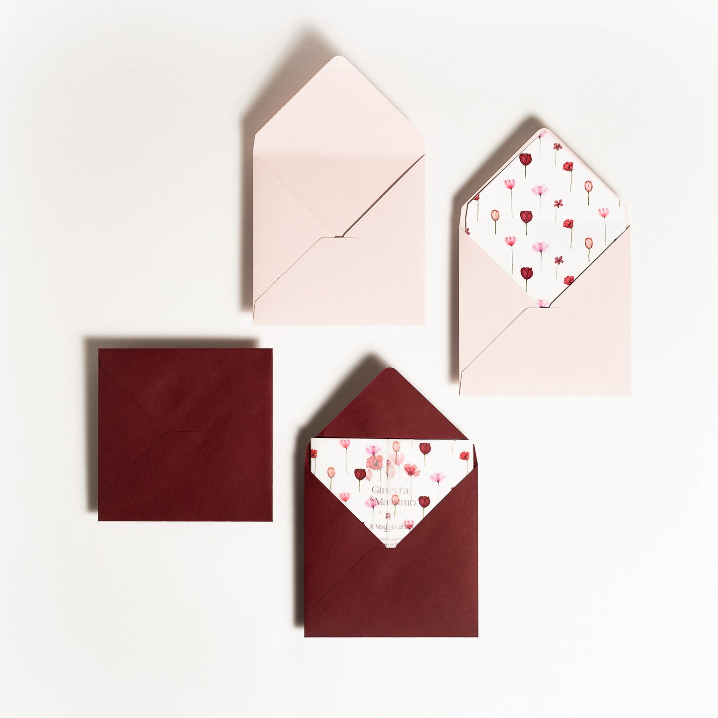 Partecipazione Quadrata Fiori Bordeaux e Rosa