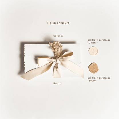 Partecipazione A4 con taglio asimmetrico Fiori bianchi e beige