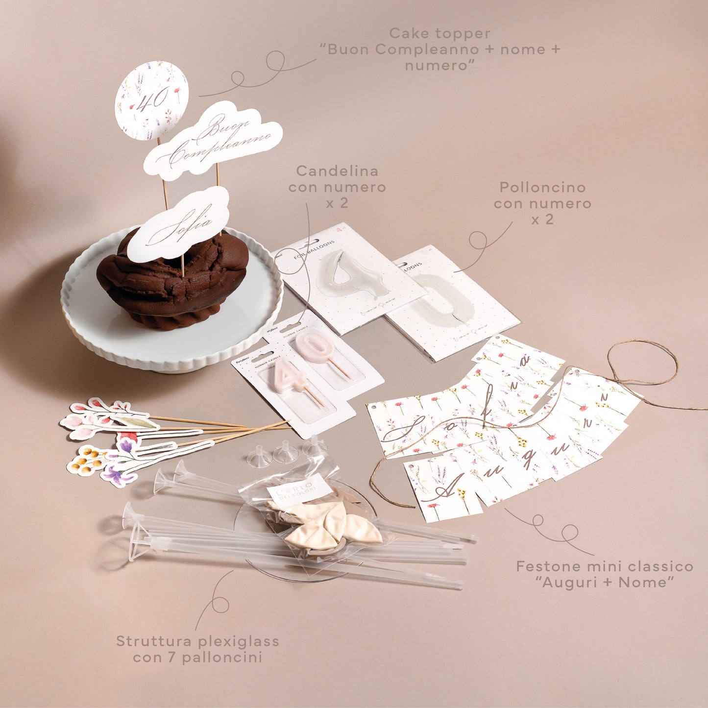 Kit decorazioni COMPLEANNO A CASA – palloncini, festone e cake topper personalizzato